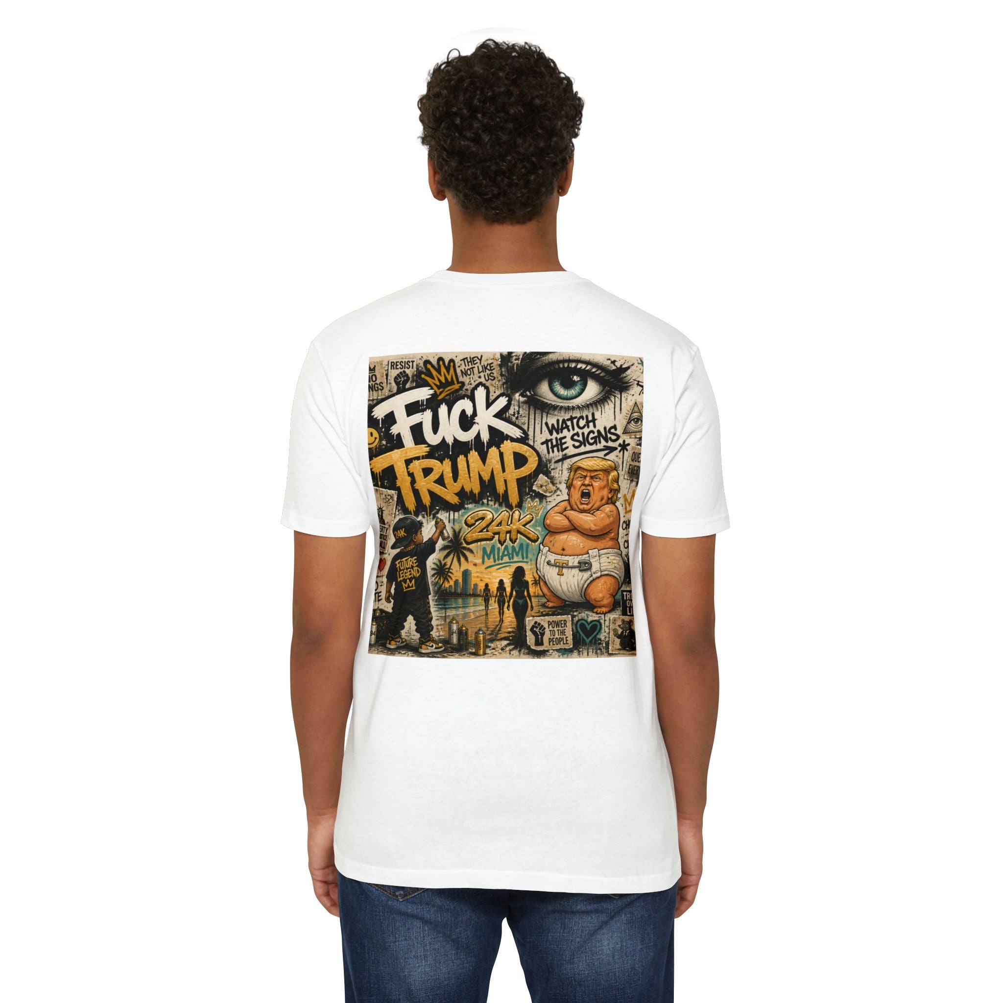 Anti‑Trump Graphic T‑Shirt — Cute Monkey Hear no...what?!? Front, Gritty Back Statement