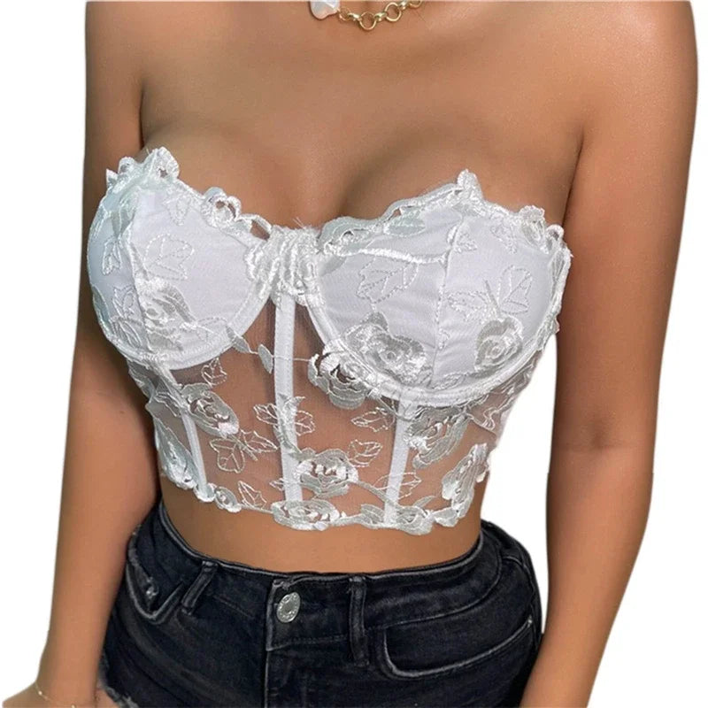 Lace Corset Tops Sexy Clothes See Through Flower Strapless Transparent Tank Cropped Tee Party Wear Womens Clothing