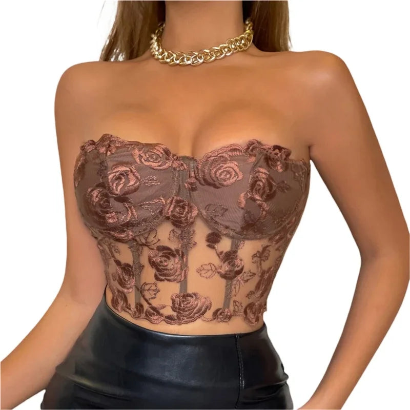 Lace Corset Tops Sexy Clothes See Through Flower Strapless Transparent Tank Cropped Tee Party Wear Womens Clothing