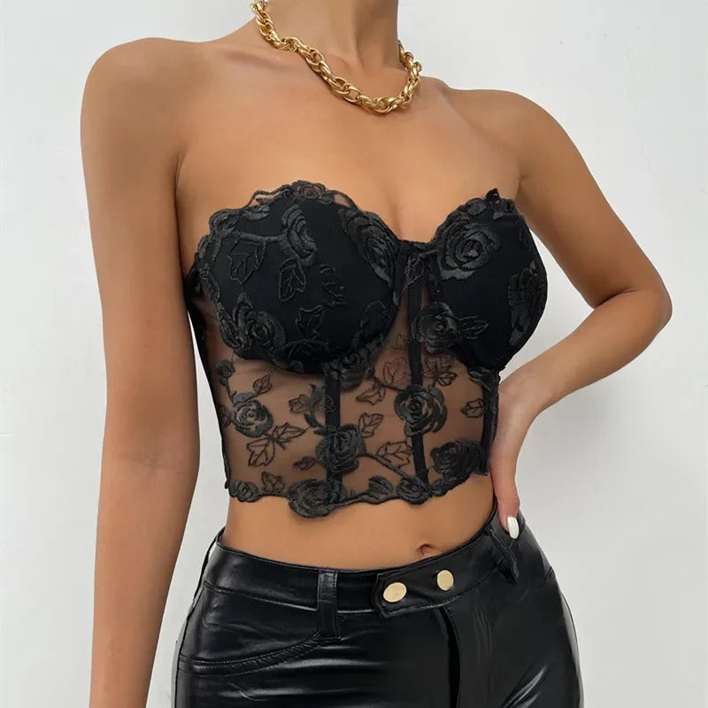 Xingqing Lace Corset Tops Sexy Clothes See Through Flower Strapless Transparent Tank Cropped Tee Party Wear Womens Clothing