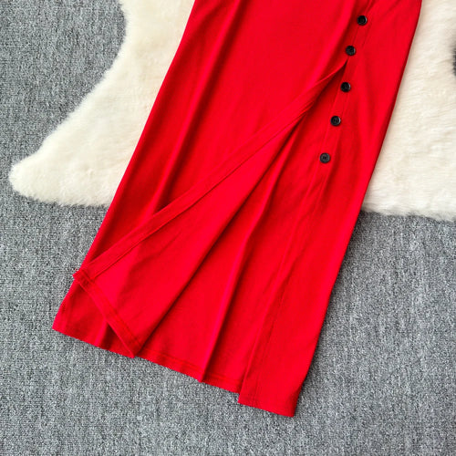Chic 2 piece SEXY Elegant  v neck slip camis with High Waist Hip Wrap Single Breasted split summer sweet Full Skir