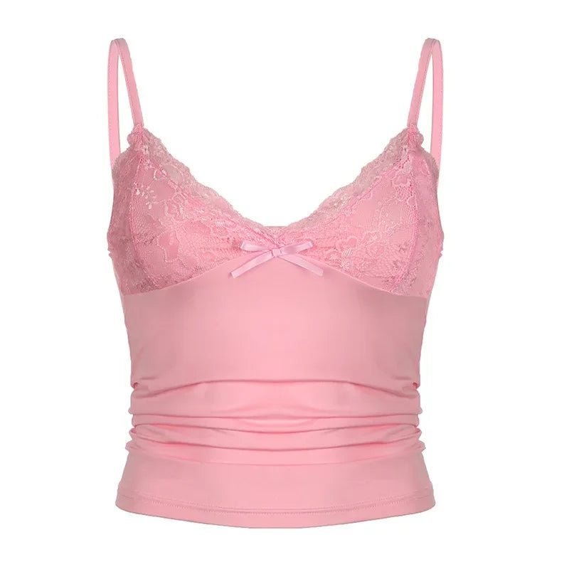 Sexy Contrast Lace Bow Front Crop Cami Top Women 2025 Summer Grunge Punk Y2K Clothes Ruched Skinny Backless Tee Shirt