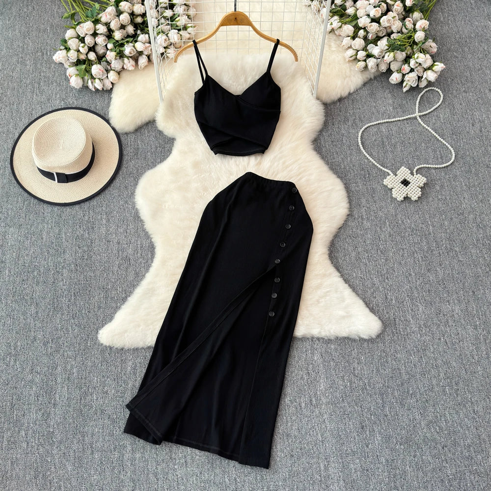 Chic 2 piece SEXY Elegant  v neck slip camis with High Waist Hip Wrap Single Breasted split summer sweet Full Skir