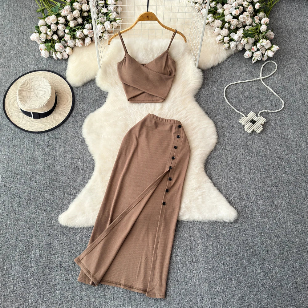 Chic 2 piece SEXY Elegant  v neck slip camis with High Waist Hip Wrap Single Breasted split summer sweet Full Skir