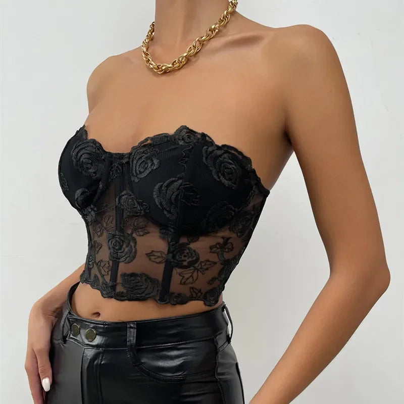 Xingqing Lace Corset Tops Sexy Clothes See Through Flower Strapless Transparent Tank Cropped Tee Party Wear Womens Clothing