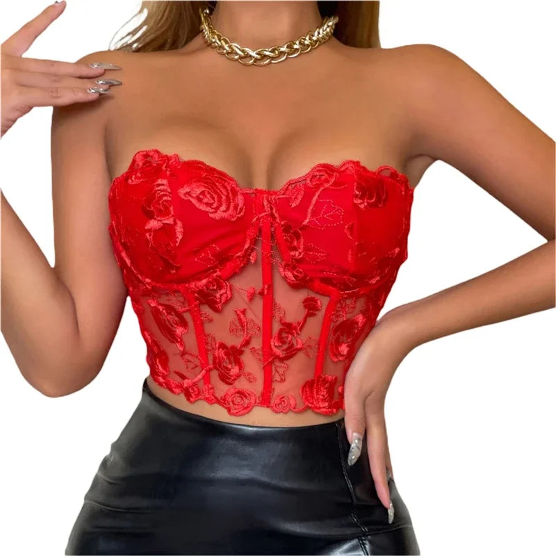 Xingqing Lace Corset Tops Sexy Clothes See Through Flower Strapless Transparent Tank Cropped Tee Party Wear Womens Clothing